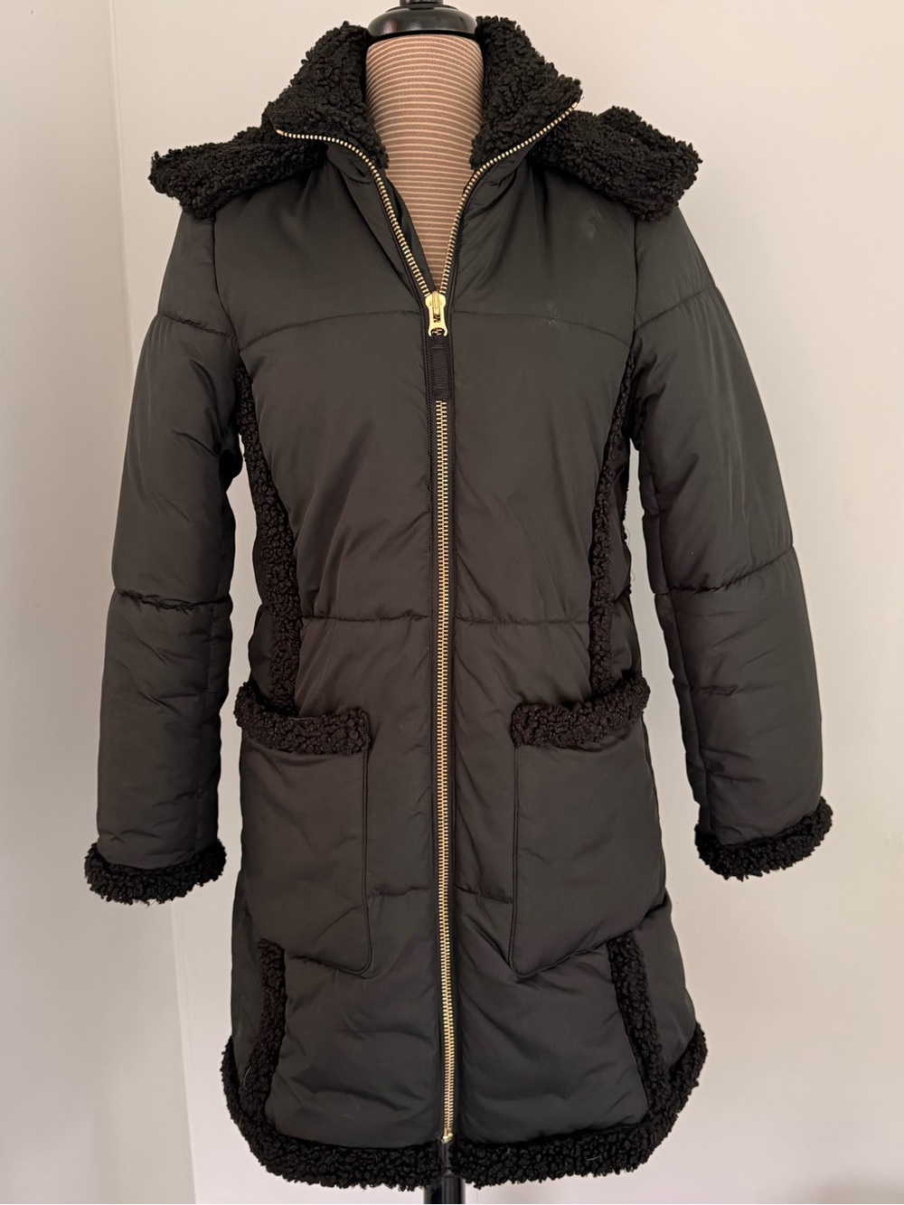 J Crew Black Puffer Coat with Sherpa Trim